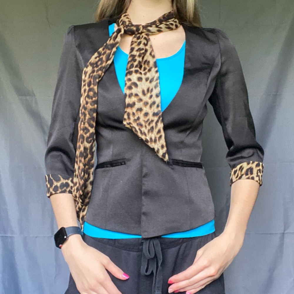 New Love Culture Small Black Blazer Suit Jacket W/ Cheetah Details And Scarf